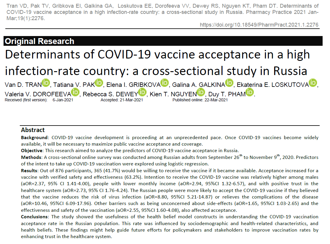 PharmPract's tweet image. Determinants of COVID-19 vaccine acceptance in a high infection-rate country: a cross-sectional study in Russia 

Usefulness of the health belief model constructs in understanding the COVID-19 vaccination acceptance rate in the Russian population.

pharmacypractice.org/journal/index.…