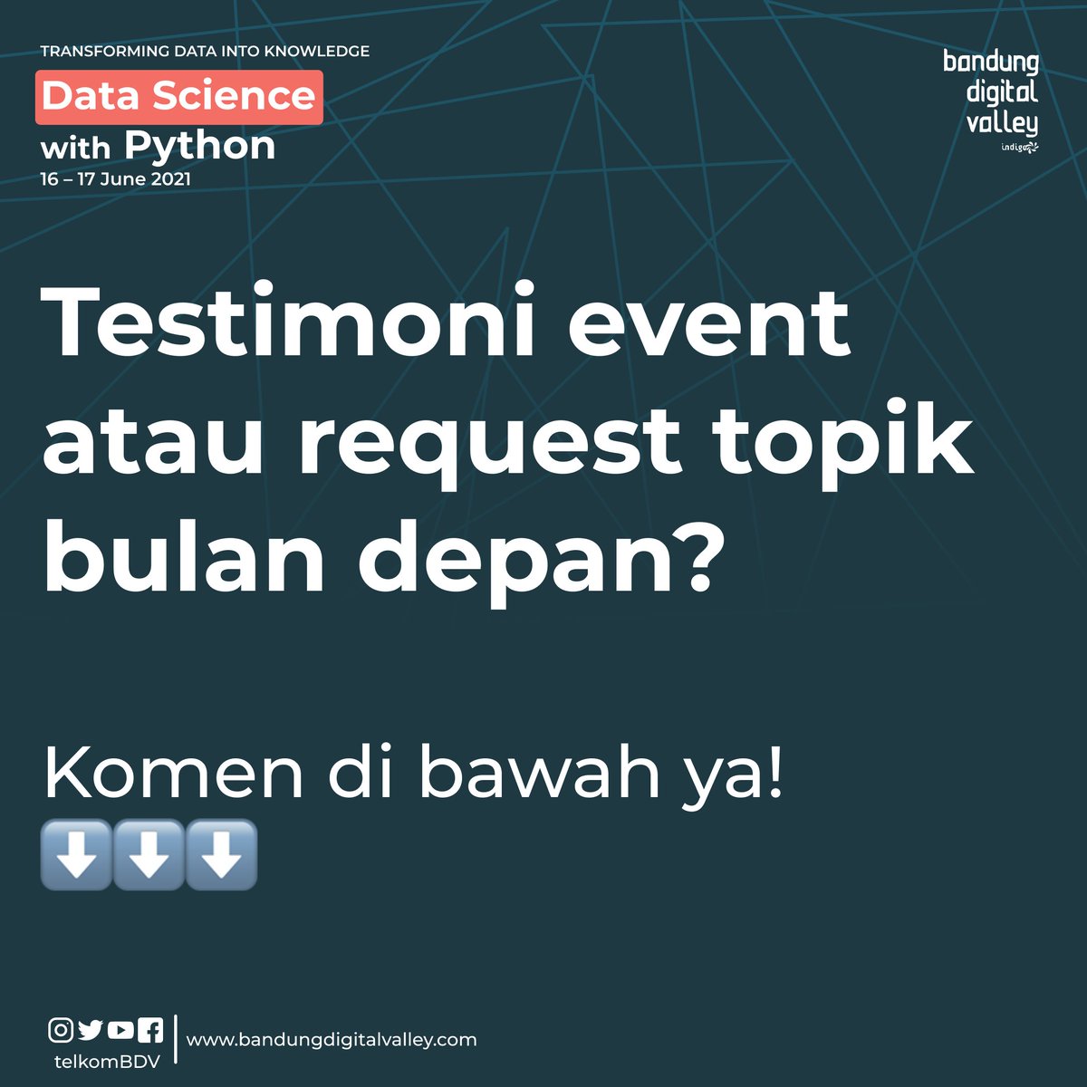 IndigoHubBdg's tweet image. Rekor Baru!
Mindi seneng banget deh, di webinar #KelasNgoding Data Science With Python yang diadain tanggal 16 &amp;amp; 17 Juni kemarin, pesertanya nyampe 300 orang lebih. 😀

Menurut BDVers, bulan depan BDV harus buka kelas apa nih? 
Comment di bawah yuk!
