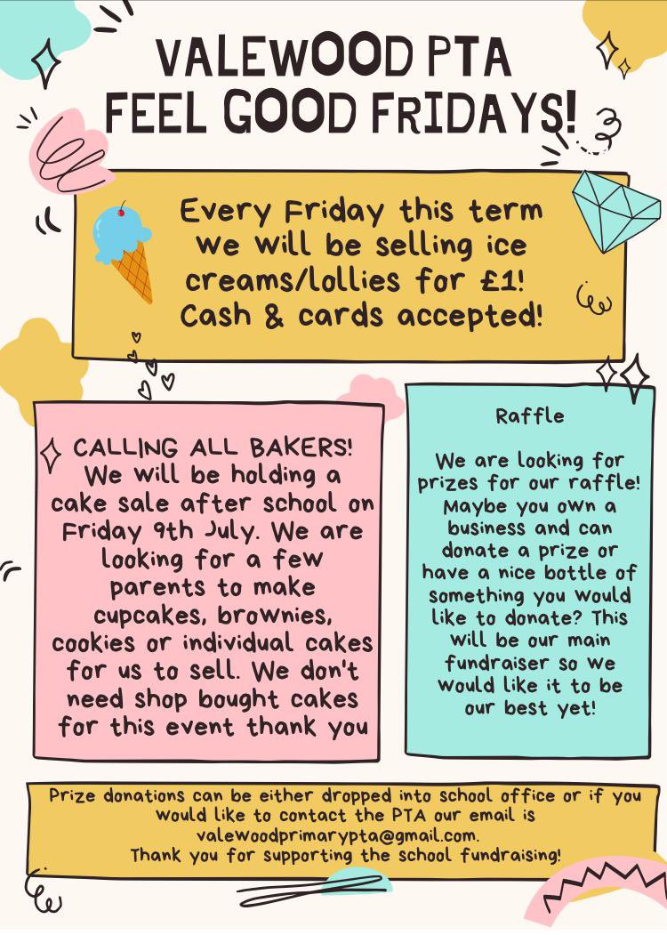PTAValewood's tweet image. 📣Feel Good Fridays!📣 #raffle #prizes #pta #valewood #fundraising #baking Please share and get involved 😊
