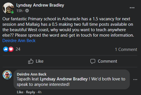 bnagfoghlam's tweet photo. Important and attractive jobs in Gaelic Education at @AcharacleP and @Clas4gu7 Mallaig - contact the headteachers of the schools if you might be interested #Gàidhlig @HighlandCouncil https://t.co/1GgXuOJAhi
