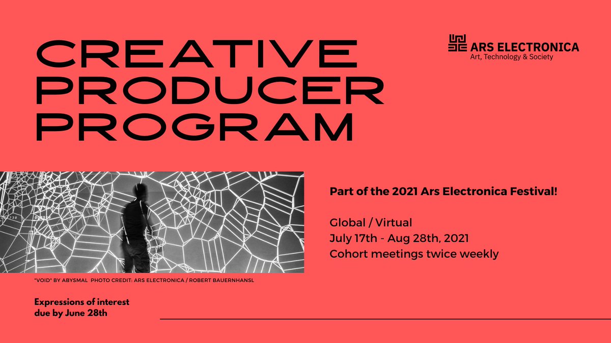 Out_of_Africa's tweet image. Calling all creative producers for the Creative Producer Program at the 2021 Ars Electronica Festival, 17 July - 28 Aug 2021. Deadline for applications 5pm PST Mon 28 Jun 2021, click below link for more info 👇 
ars.electronica.art/news/files/202…