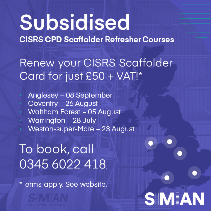 Simian is delighted to support the joint initiative CISRS latest round of subsidised #ScaffolderCPD courses, which means that Scaffolders can renew their cards for just £50 + VAT at one of five centres! #getscaffolding