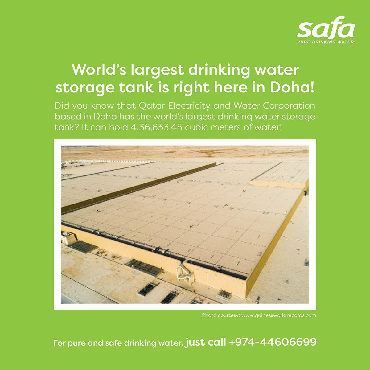 safawaterqa's tweet photo. World’s largest drinking water storage tank is right here in Doha! Qatar Electricity and Water Corporation has the world’s largest drinking water storage tank with a capacity of 4,36,633.45 cubic meters of water. @safawaterqa#safawater #safaissafe #safaispure #puredrinkingwater https://t.co/3eyDkNkfhd
