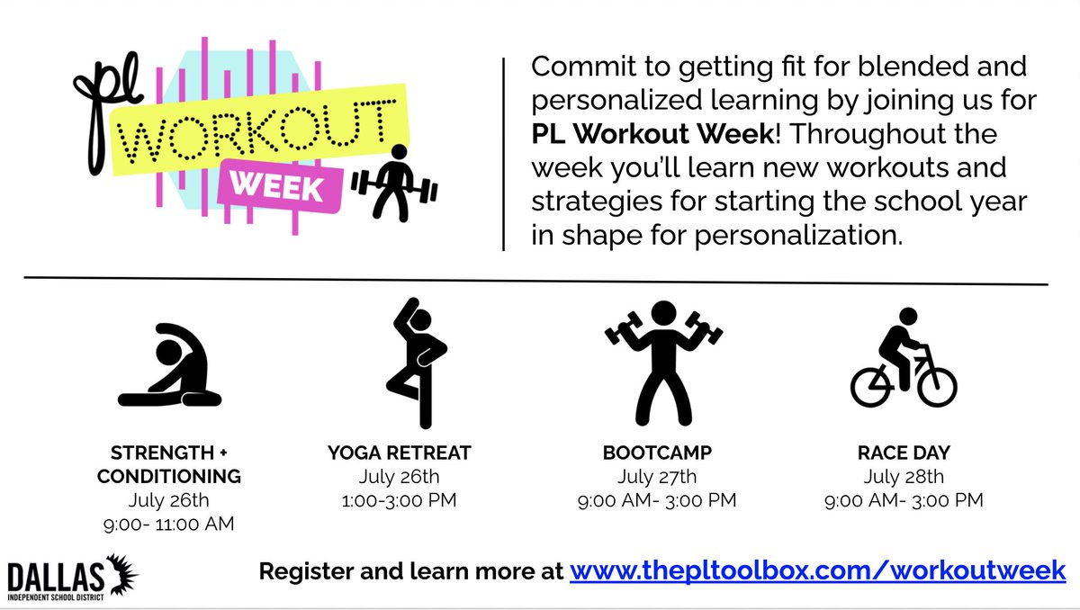 vanessa_315's tweet photo. PersonalizeDISD: RT @k10watkins: Calling all @PersonalizeDISD teachers! Don't miss your chance to join us July 26-28th for #PLWorkoutWeek! Learn more + register at https://t.co/lP0upJVpsz. @dallasschools @TransformDISD https://t.co/AUY6cqhTKT