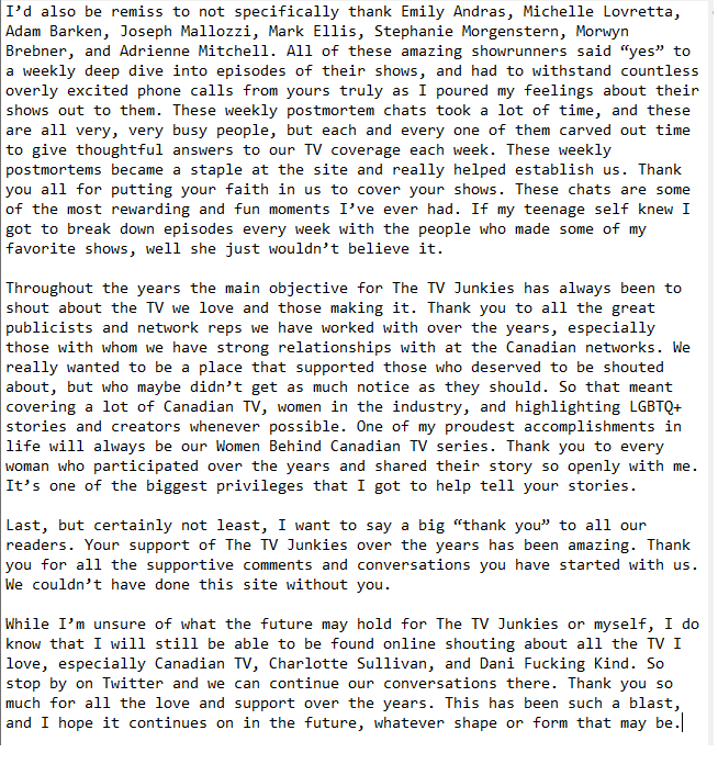 BridgetOnTV's tweet photo. This decision has been coming for a while now and a lot of thought is behind it. I've made the decision to put @TheTVJunkies on indefinite hiatus for now. More details below: https://t.co/0ztLY2KlFL
