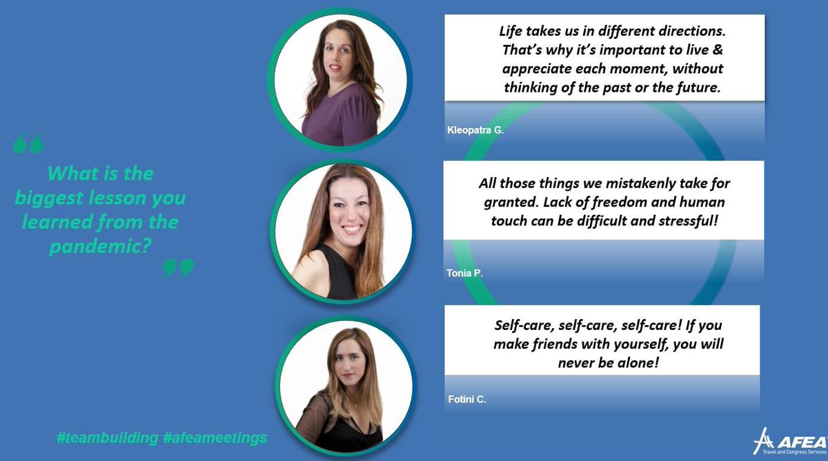 AFEAevents's tweet photo. Our team reflects on the lessons learned during the pandemic and is getting ready with positivity for more travels and in-person meetings. ๐
Find out what our people have to say!
#ourpeople #teambuilding #teamposts #afeameetings https://t.co/kKz3zPrWwf