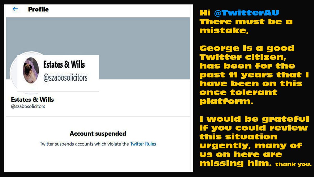 Please RETWEET to get the @szabosolicitors
 account reinstated, thank you.

@TwitterSupport @TwitterAU
 
#reinstategeorge #BringBackGeorge