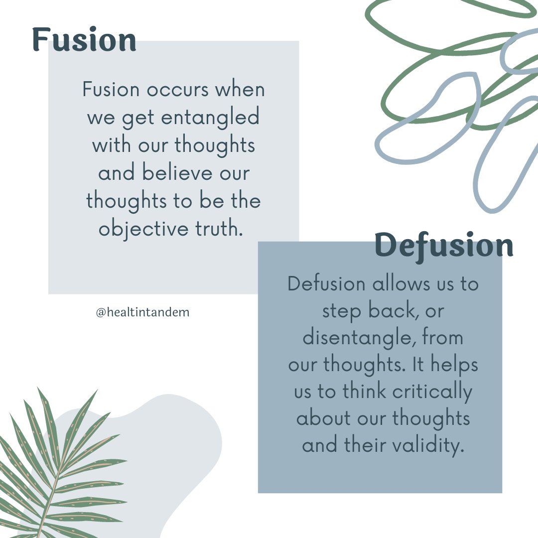 healthintandem's tweet image. Cognitive defusion helps us to gain perspective. Defusion doesn&apos;t mean those thoughts go away, rather it gives us the space to think critically about the thoughts we are having.

#cognitivedefusion #ACT #mentalskills #chicagocounseling #mindbody #psychoeducation #healthintandem