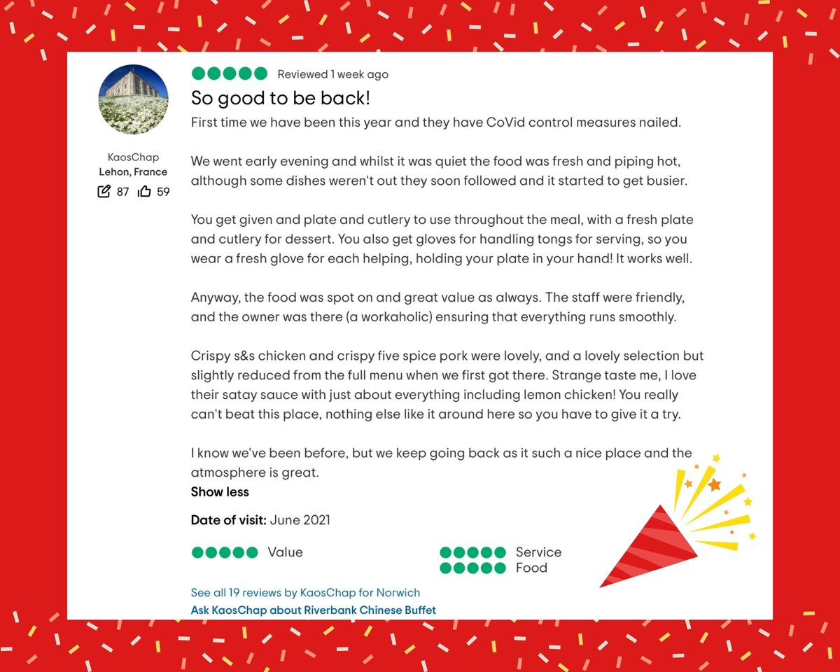 RiverbankBuffet's tweet photo. 5⭐'s all around!❤️

We pride ourselves in our great atmosphere and even greater food - but don't just take our word for it, the reviews speak for themselves😉

#Norwich #ChineseBuffet #Riverbank #AllYouCanEat #NorwichEats #Tripadvisor #5Stars https://t.co/bPbqGZc0Rl
