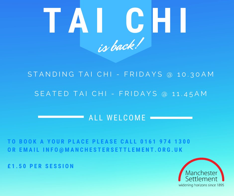 Matt Brown Exercise Is Medicine (@exercisebrown) on Twitter photo Still have free spaces for seated Tai Chi starting again from this Friday 11:45-12:45pm. Anyone interested should ring Manchester Settlement on 0161 9741300
<a href="/buzzmanc/">@buzzmanc</a> <a href="/McrSettlement/">ManchesterSettlement</a> <a href="/AncBradClayINT/">Ancoats, Bradford and Clayton INT</a> <a href="/MCC_AFMTeam/">Age-friendly Mcr</a> <a href="/owlandcoconut/">The Owl and The Coconut CIC</a> @ZakHealthDev Still have free spaces for seated Tai Chi starting again from this Friday 11:45-12:45pm. Anyone interested should ring Manchester Settlement on 0161 9741300
<a href="/buzzmanc/">@buzzmanc</a> <a href="/McrSettlement/">ManchesterSettlement</a> <a href="/AncBradClayINT/">Ancoats, Bradford and Clayton INT</a> <a href="/MCC_AFMTeam/">Age-friendly Mcr</a> <a href="/owlandcoconut/">The Owl and The Coconut CIC</a> @ZakHealthDev