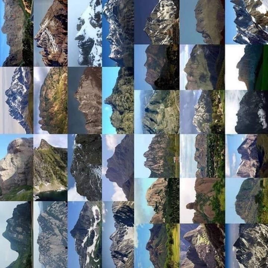 GeografiaNewsBR's tweet photo. "Gigantes adormecidos", dezenas de imagens de diferentes cadeias de montanhas giradas verticalmente para refletir perfis que lembram rostos. #geografiageral #curiosity #curiosidades #geologyrocks #educadf #geology #geologia #geologypage https://t.co/lHtpqJtSSH