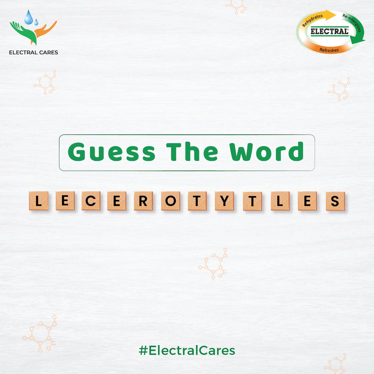 electralofc's tweet photo. Here's a little tough one. Can you figure out what could the word be?
If yes, let us know in the comment section and stand a chance to win an Electral hamper!
.
.
.
@Indian_Contests
#Electral #ElectralCares #Trivia #GuessTheWord #Unscramble #Jumble #Hydration #Rehydration #Water https://t.co/dmgRySk2vY