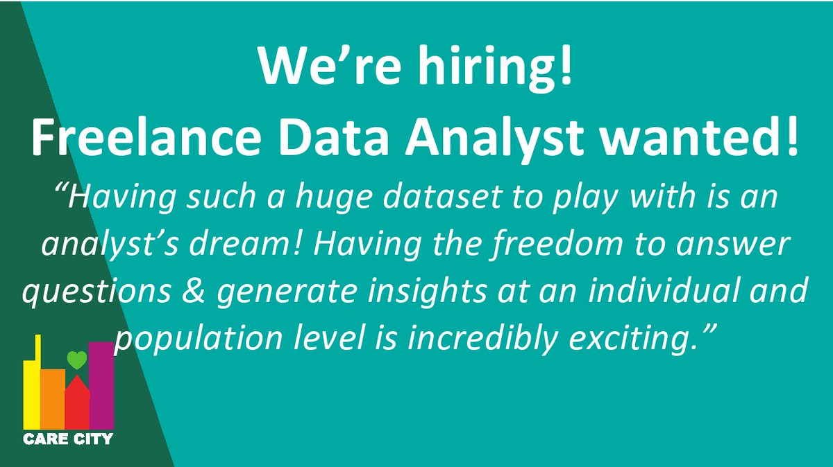 We're hiring a Freelance Data Analyst, 1-2days/wk to progress our work with the data within our Care City Cohort linked database &amp; help grow the analysis &amp; insights from it. Ultimately using it to help improve the health &amp; care of our East London community ow.ly/eFMr50FgBml