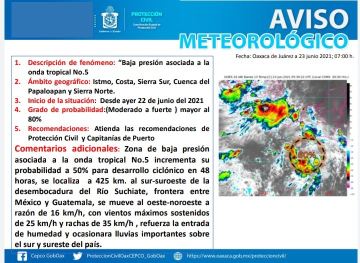 CEPCyGR_GobOax's tweet photo. 📢#CepcoInforma AVISO METEOROLÓGICO/ Zona de baja presión
asociada a la onda tropical #5 incrementa su
probabilidad a 50% para desarrollo ciclónico en 48
hrs, se localiza a 425 km., al sur-suroeste del Río Suchiate, frontera México-Guatemala. @OscarValenciaSi @alejandromurat https://t.co/5zarbTytWH