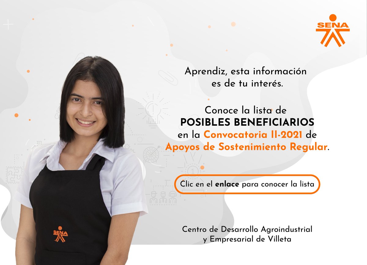 SENACDAE's tweet photo. #AprendizSENA, entérate de los resultados de calificación y priorización de la II convocatoria de apoyos de sostenimiento regular 2021 del @SENACDAE #SENAVilleta
Clic aquí para ver los resultados 👉 https://t.co/01ntK3Rp8G https://t.co/mFL6LxFMTE