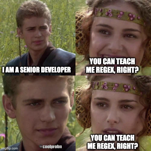 Man: I am a senior developer
Woman: You can teach me regex, right?
Man: Staring
Woman: You can teach me regex, right?