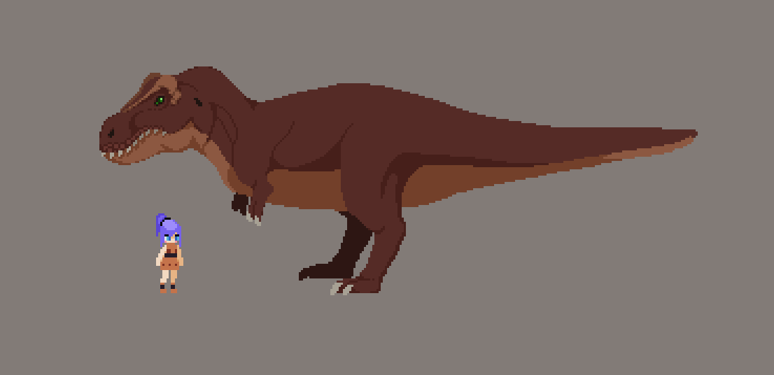 owleydev's tweet photo. Better closeup of our T Rex. Big chonker. He likes his steak rare. #tyrannosaurus #trex #dinosaurs #pixelart #indiedev #paleoart @paleora https://t.co/6Rus28KHoc