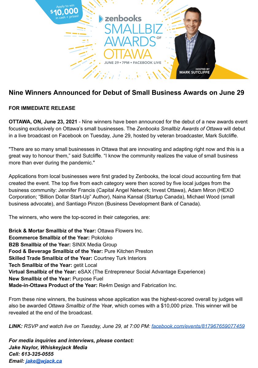 PRESS RELEASE: Nine Winners Announced for Debut of Small Business Awards on June 29

♻️ RT to celebrate:

<a href="/ottawaflowers/">Ottawa Flowers Inc.</a>
<a href="/pokolokoltd/">Pokoloko</a>
<a href="/SinixMedia/">Sinix Media Group</a>
<a href="/purekitchenott/">Pure Kitchen</a> Preston
Courtney Turk Interiors
<a href="/Getitlocalapp/">getitlocal.app</a>
<a href="/eSAXnetworking/">eSAX Networking</a>
Purpose Fuel
<a href="/Re4mOttawa/">Re4m Ottawa</a>

Read: zenbooks.ca/nine-winners-a…
