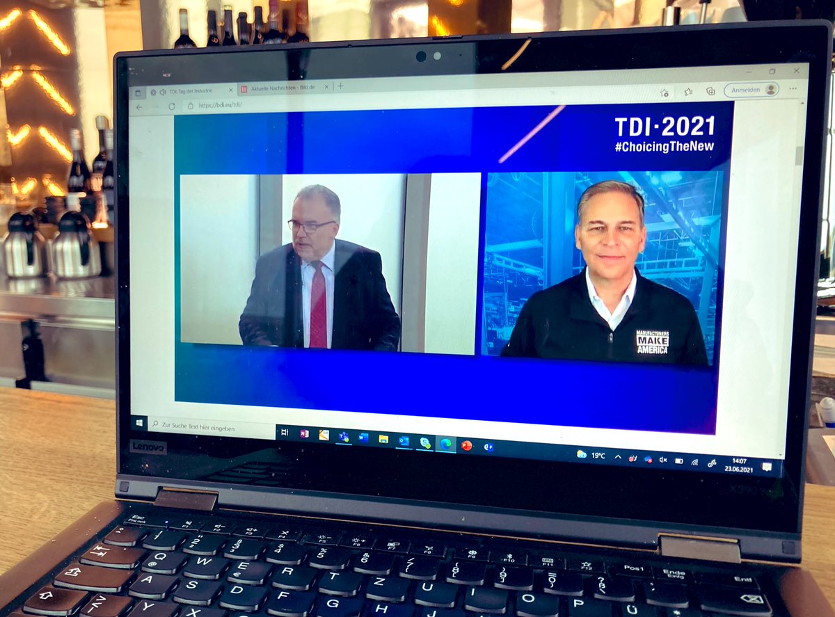Der letzte Talk zwischen <a href="/Der_BDI/">BDI</a> Präsident #Russwurm beim #tdi21 mit <a href="/JayTimmonsNAM/">Jay Timmons</a> zur Zukunft der transatlantischen Partnerschaft. #ChoicingTheNew - gleich heißt es „it‘s a wrap!“ 🥳