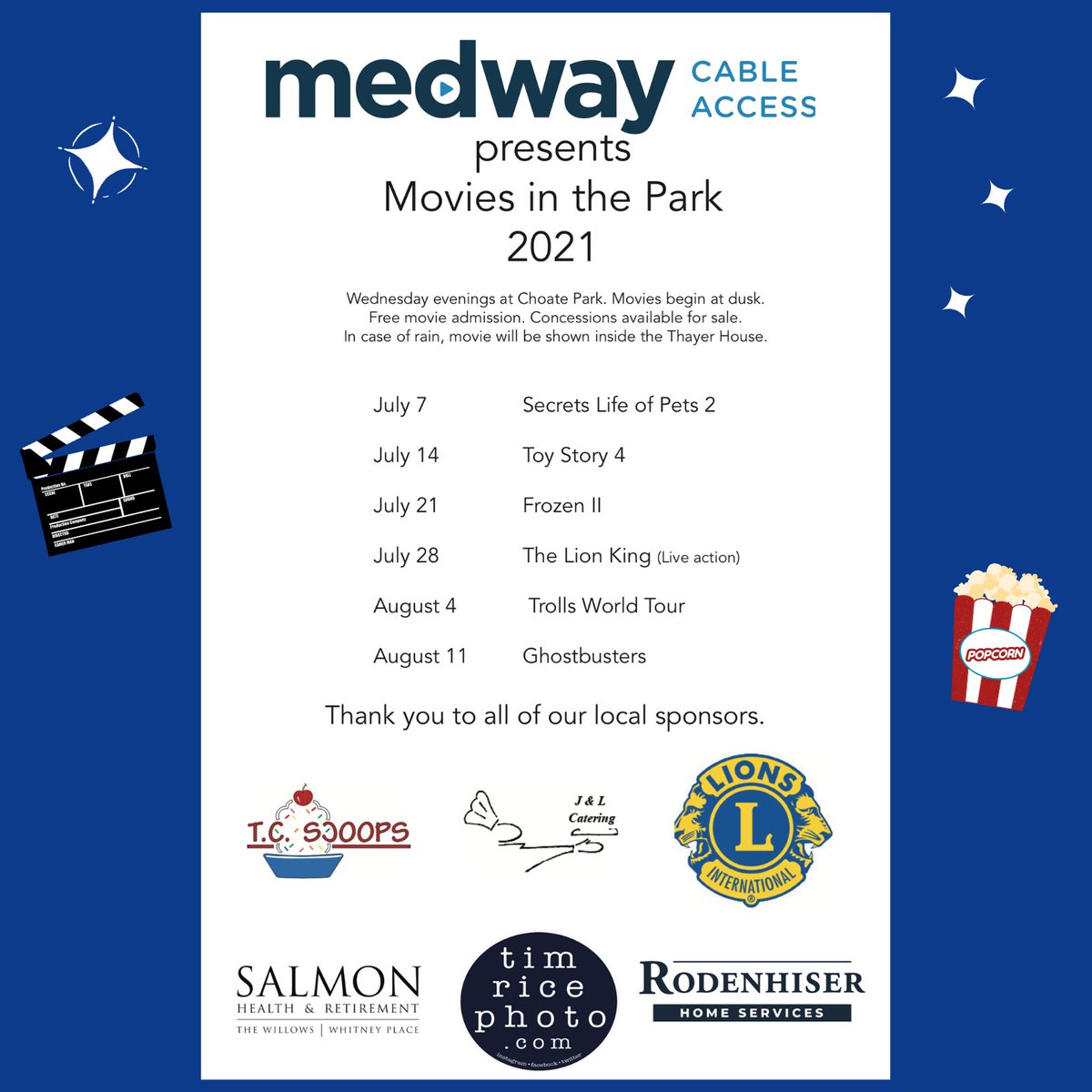<a href="/medwaycable/">Medway Cable</a> is excited to be back with a great summer lineup! The first movie 7/7 at dusk.  In case of rain, the movie will be shown inside the Thayer House. Thank you to all our local sponsors JandL Catering, <a href="/TCScoops/">T.C. Scoops</a> #MedwayLionsClub <a href="/timricephoto/">timricephoto</a> <a href="/rodenhiser/">Rodenhiser Home Services</a> <a href="/SALMONHealth/">SALMON Health</a>