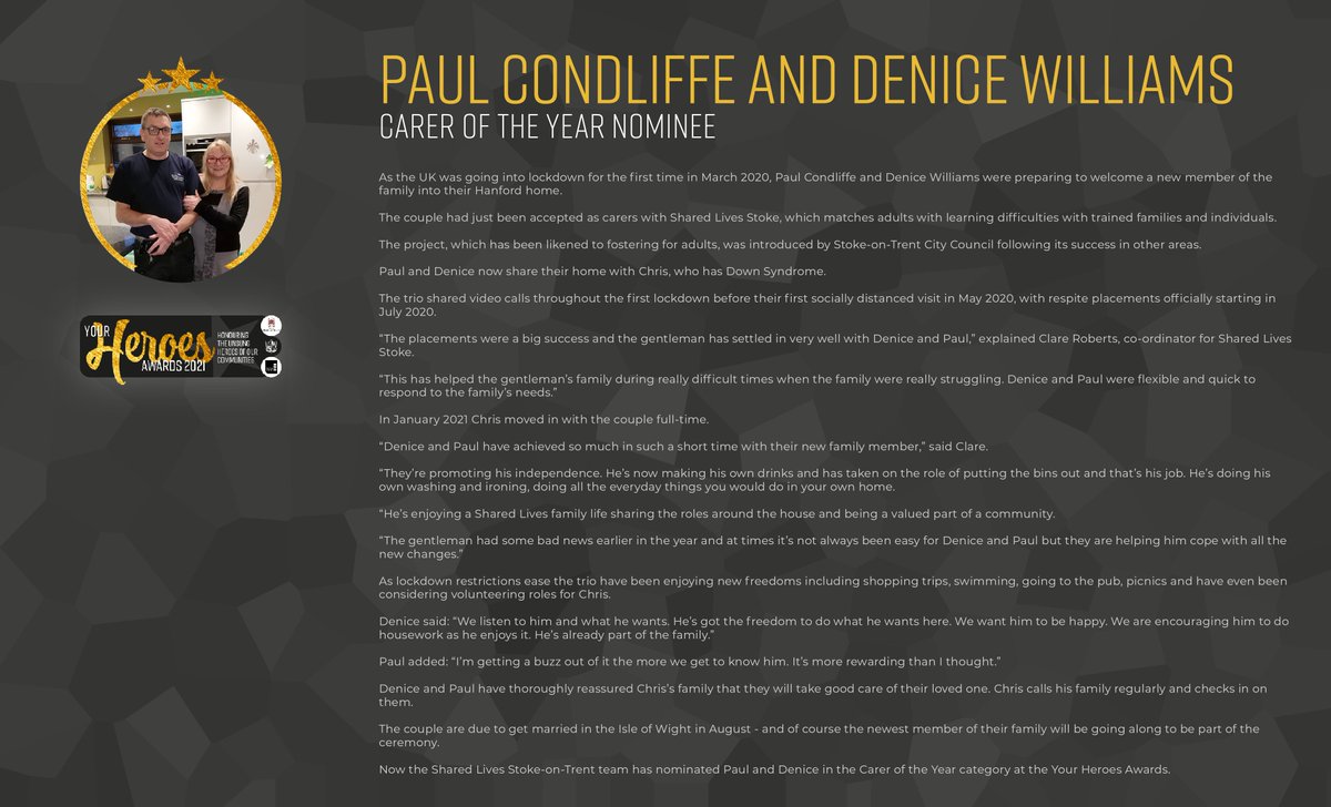 Heroes_Awards's tweet photo. 🗞️ | 𝙉𝙚𝙬 𝙉𝙤𝙢𝙞𝙣𝙚𝙚

Name: Paul Condliffe and Denice Williams
Category: Carer of the Year

Nominate YOUR hero 👉 https://t.co/SzGuCCAXwP

#YHA2021 https://t.co/XSmlyrVqVA