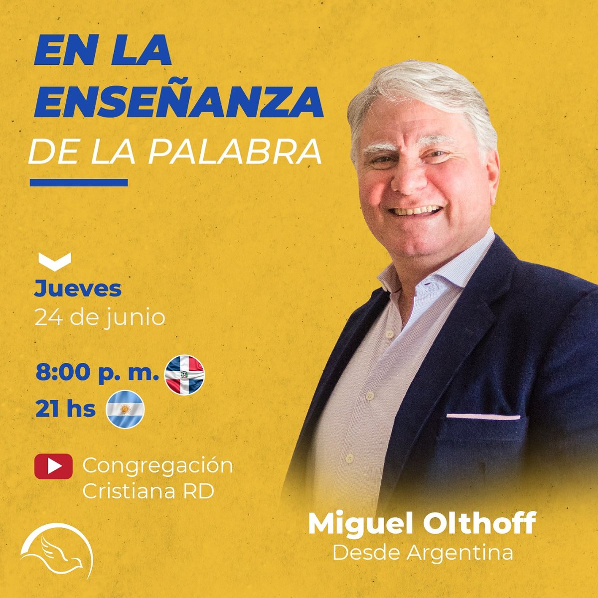 CongrCristiana's tweet photo. Acompáñanos mañana en nuestra transmisión en vivo. Tendremos con nosotros al pastor Miguel Olthoff  desde Argentina. 

Conéctate a las 8:00 p. m. (Hora RD) y a las 21 hs (Hora ARG) a través del Canal de YouTube Congregación Cristiana RD.
.
#CongregaciónCristiana #Edificados https://t.co/yzFdGOfiyW
