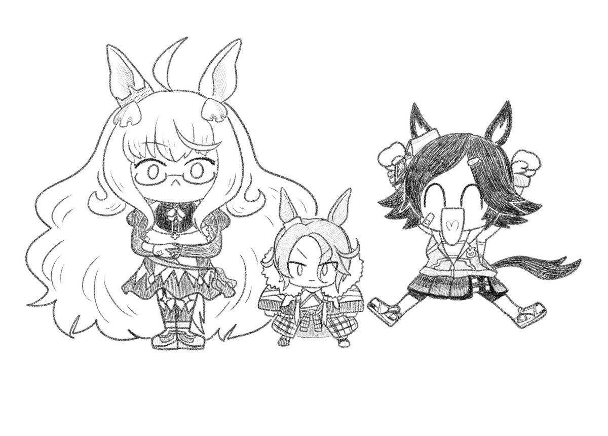 narita taishin (umamusume) 3girls multiple girls horse ears greyscale monochrome animal ears horse tail  illustration images