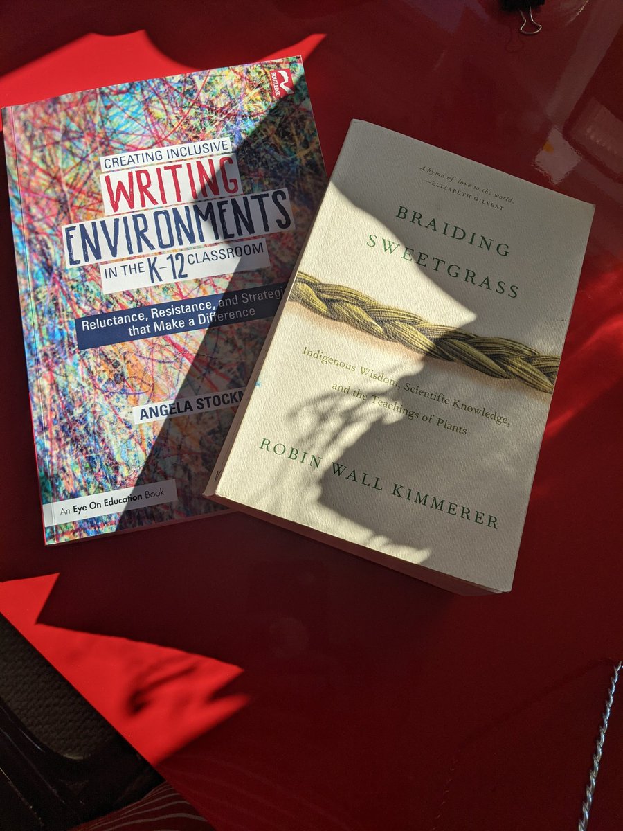 apples4theteach's tweet photo. Two powerful book clubs wrapped up yesterday! It has been an honour to pull up a virtual chair w. @manwrdsb to discuss Braiding Sweetgrass and to join @AngelaStockman and 🇺🇲🇨🇦educators to go deeper w. Creating Inclusive Writing Environments. Put these on your summer bookstack! 📚 https://t.co/lR2S68GCWS