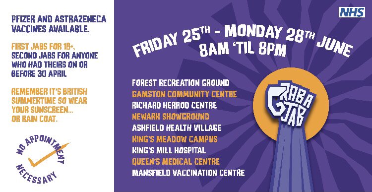 LilianGreenwood's tweet photo. Big BIG news. This weekend not only can all over 18s just rock up to get their first jab, if you had your first dose on or before 30 April, you can turn up and get your second dose. AZ and Pfizer at all sites. #GrabAJab #GetVaccinated w https://t.co/V4l3RBIZ55
