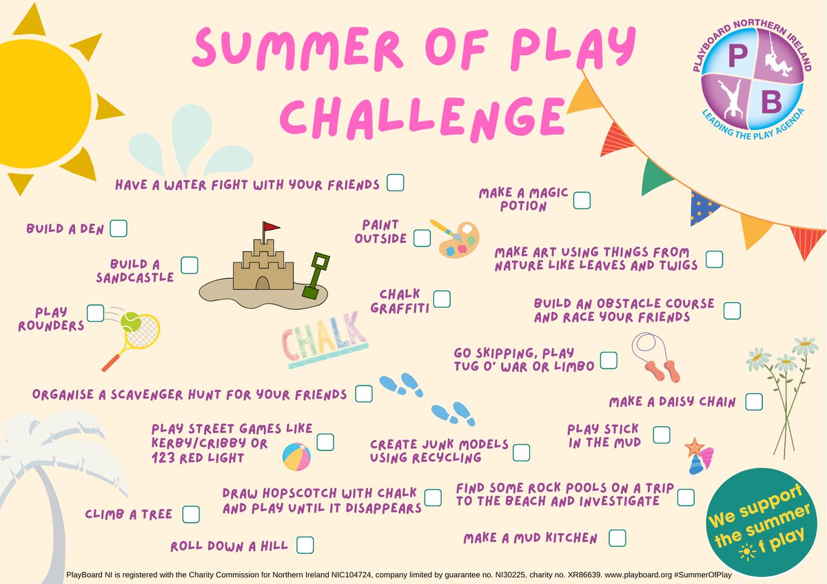playboard_'s tweet photo. To help children and young people enjoy a #SummerOfPlay this year, we're sharing our Summer of Play Challenge! 

Check out our Top 20 fun activities to try this summer – tick them off to keep a record of a fun summer of play! ☀️

PDF available at https://t.co/LMCE8vZrJM https://t.co/KcLiqa85wm