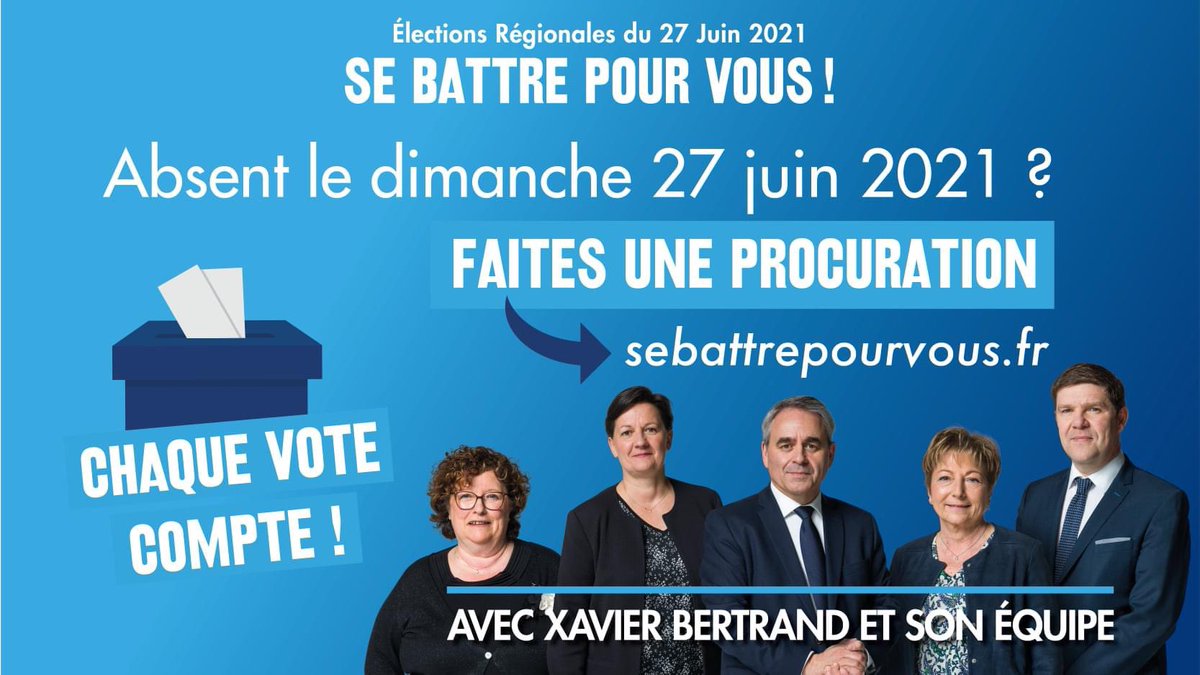 Team XB (@team_xb) on Twitter photo 📌 Vous êtes absent le dimanche 27 juin, et vous ne pouvez pas vous déplacer pour voter <a href="/xavierbertrand/">Xavier Bertrand</a> et son équipe aux #Régionales2021 ?
🗳 Faites une #procuration ➡️ forms.sbc31.net/6099242a11ce62…
#SeBattrePourVous avec Xavier Bertrand et son équipe ! 📌 Vous êtes absent le dimanche 27 juin, et vous ne pouvez pas vous déplacer pour voter <a href="/xavierbertrand/">Xavier Bertrand</a> et son équipe aux #Régionales2021 ?
🗳 Faites une #procuration ➡️ forms.sbc31.net/6099242a11ce62…
#SeBattrePourVous avec Xavier Bertrand et son équipe !