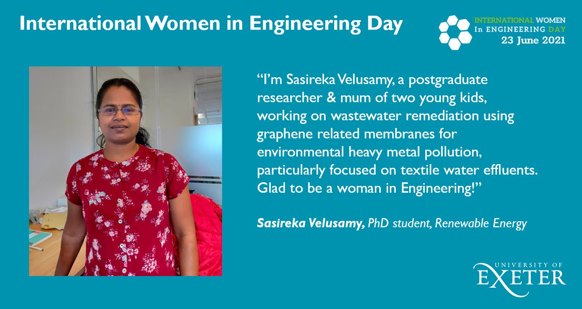 *International Women in Engineering Day 2021* 

Sasireka Velusamy is a postgraduate researcher with <a href="/UniofExeterESI/">Uni of Exeter's ESI</a> working on wastewater remediation @CollegeofEMPS #INWED21 <a href="/Water/">Water.org</a> @GW4Water @WasteWaterEd #wastewater