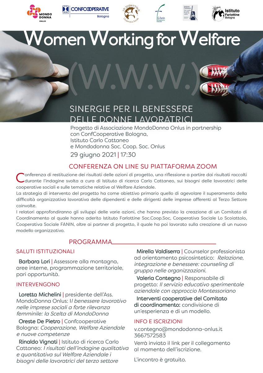 MondoDonna Onlus (@mondodonnaonlus) on Twitter photo 29 giugno 2021 | 17:30
Parleremo di #donne, ##lavoro e #benesserlavorativo.
Info e iscrizioni: v.contegno@mondodonna-onlus.it 3667572583 - Verrà inviato il link per il collegamento.
<a href="/Confcoop_ER/">Confcooperative ER</a>
#IstitutoCarloCattaneo 29 giugno 2021 | 17:30
Parleremo di #donne, ##lavoro e #benesserlavorativo.
Info e iscrizioni: v.contegno@mondodonna-onlus.it 3667572583 - Verrà inviato il link per il collegamento.
<a href="/Confcoop_ER/">Confcooperative ER</a>
#IstitutoCarloCattaneo