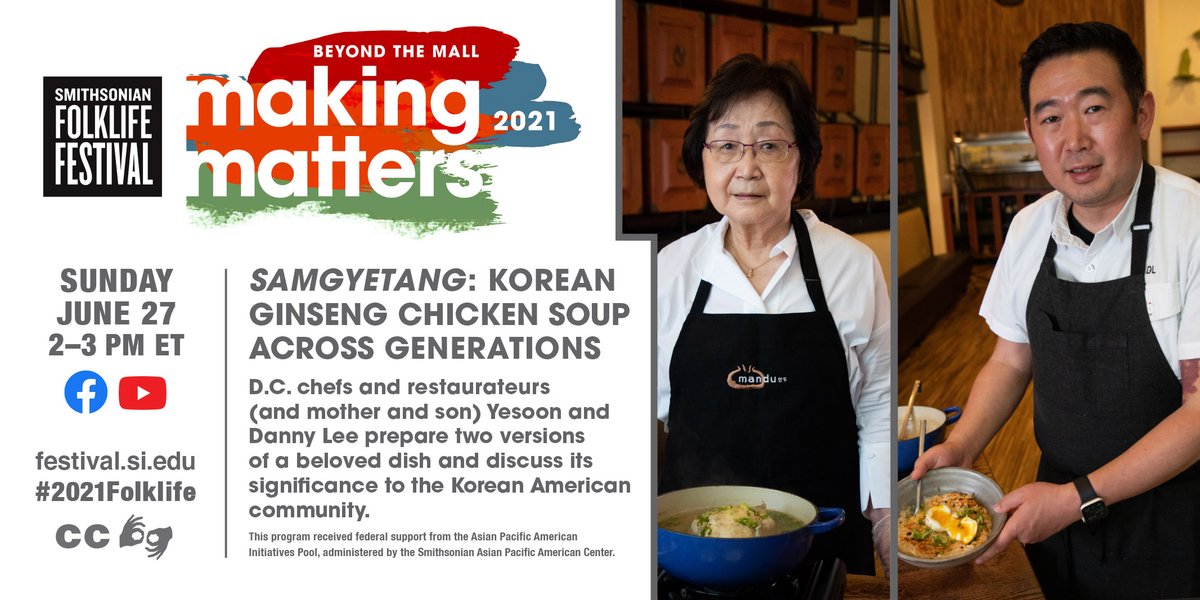 On June 26, Korean American chefs Yesoon Lee and son <a href="/DannyLeeDC/">Danny Lee</a> will prepare and talk about samgyetang, a traditional Korean ginseng soup typically eaten on the hottest days of the summer. 
 
Learn more: s.si.edu/GinsengSoup 
 
#2021Folklife #WithCaptions #ASL