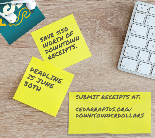 downtowncr's tweet photo. ⏰  REMINDER ⏰
The deadline to submit your Downtown Cedar Rapids Dollars receipts is March 31st! Submit your receipts at https://t.co/txiDGlZa9R https://t.co/K6HuC4BkqC