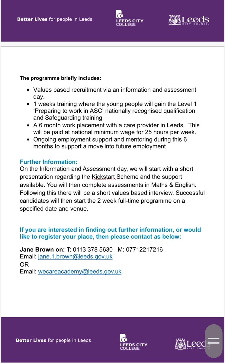 LeedsASC_OD's tweet photo. Lot's of job opportunities available across the care sector here in Leeds through LCC's We Care Academy -  Kickstart Gateway  #WYJobs4All #kickstart we have a range of jobs that support our services. https://t.co/9MfjU0eJip