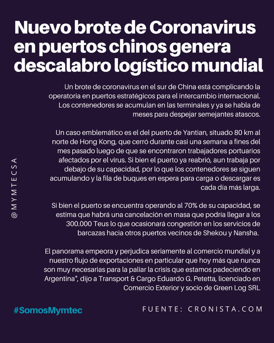 MymtecSA's tweet photo. Nuevo brote de covid dificulta la logística a nivel internacional vía @Cronistacom https://t.co/ZxMUhEWafF