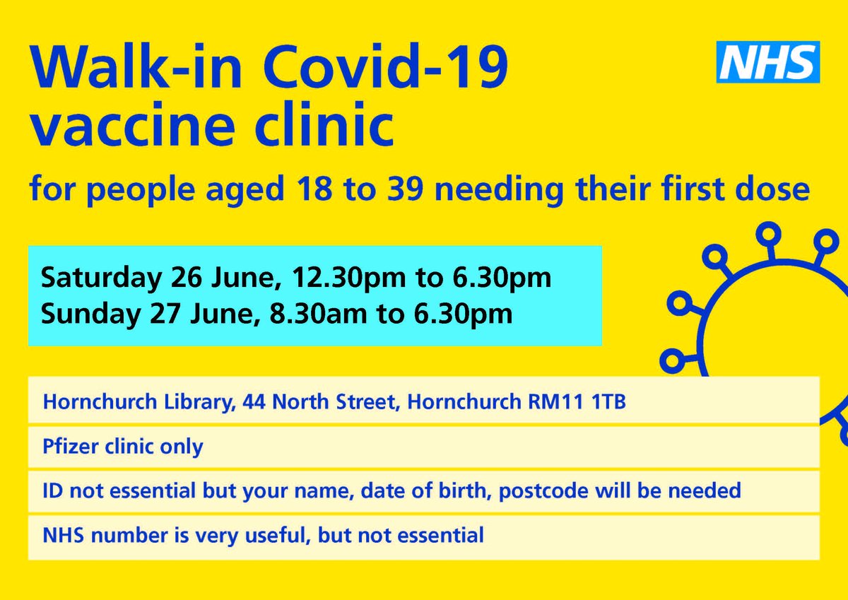 What are your plans for this weekend?
If you're aged 18 or over, get your COVID-19 vaccine at Hornchurch Library RM11 1TB
<a href="/lbbd/">lbbd</a> <a href="/LBofHavering/">Havering Council</a> <a href="/RedbridgeLive/">Redbridge Council</a> <a href="/NELHCP/">North East London Health and Care Partnership</a> <a href="/BHRUT_NHS/">BHRUT NHS 🏥</a> <a href="/NELFT/">North East London NHS Foundation Trust (NELFT)</a>