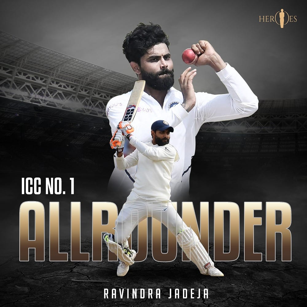 ICHOfficial's tweet photo. Presenting the new no one ranked ICC Test all rounder @imjadeja 👏👏 #heroes https://t.co/i0hs4p2XOl