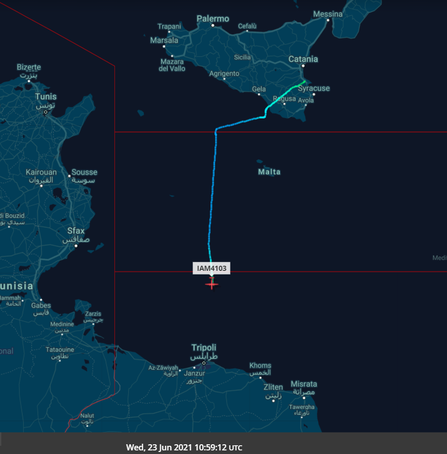 scandura's tweet photo. 3⃣ 2021-06-23
1059z ⏱️ 12:59 CEST
🛩️ Italian Air Force 🇮🇹 P72 #MM62280 c/s #IAM4103, departed from Sigonella AB, over Libyan SRR.
#migrants #Libya #migranti #Libia #FisheryZone #ISR https://t.co/H6nZa5BztV