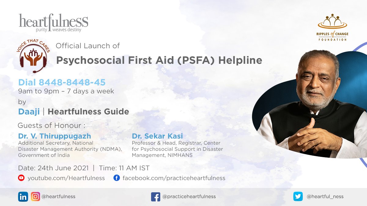 heartfulness's tweet photo. Heartfulness &amp; @ROCF_ are happy to launch ‘Voice That Cares’, a free-of-charge psychosocial first aid (PSFA) helpline. Join us LIVE on 24th June, 11 A.M IST with Daaji, @kamleshdaaji, Dr. V. Thiruppugazh, @ndmaindia, &amp; Dr Sekar Kasi, @mheduNIMHANS 
Link: https://t.co/KSRSzMhCng https://t.co/CMmQAidCXx