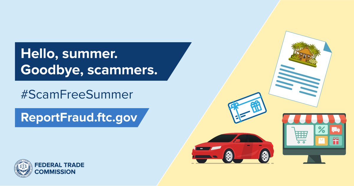 MIDIFS's tweet photo. Hello summer, goodbye scammers. The FTC is sharing ways to make your summer season as enjoyable and safe as possible. This week, learn how to avoid the latest travel scams! #ScamFreeSummer https://t.co/m7DQMEoPrK https://t.co/auI2BMNamR