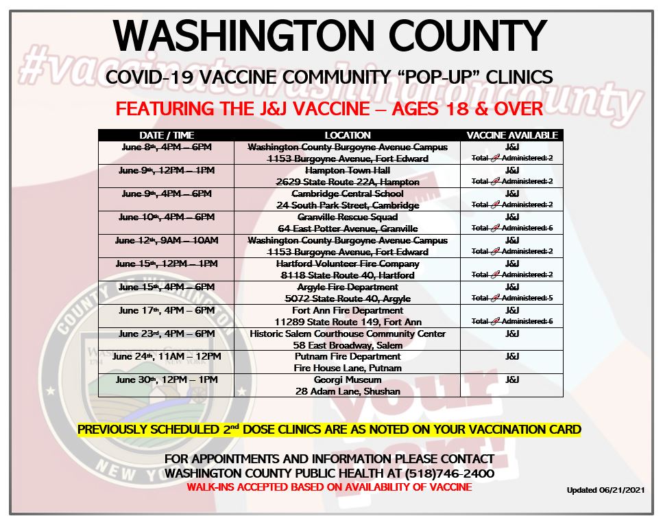 WashCoNYPubSafe's tweet photo. WASHINGTON COUNTY POP-UP VACX CLINICS CONT THIS WEEK

#GetYourShot J&amp;J this week:
- TODAY (Wednesday) in Salem
- Thursday in Putnam

More here: https://t.co/tGOmdCcGDb

#vaccinatewashingtoncounty #VaccinateNY #shotsinarms https://t.co/phn4xzsOti