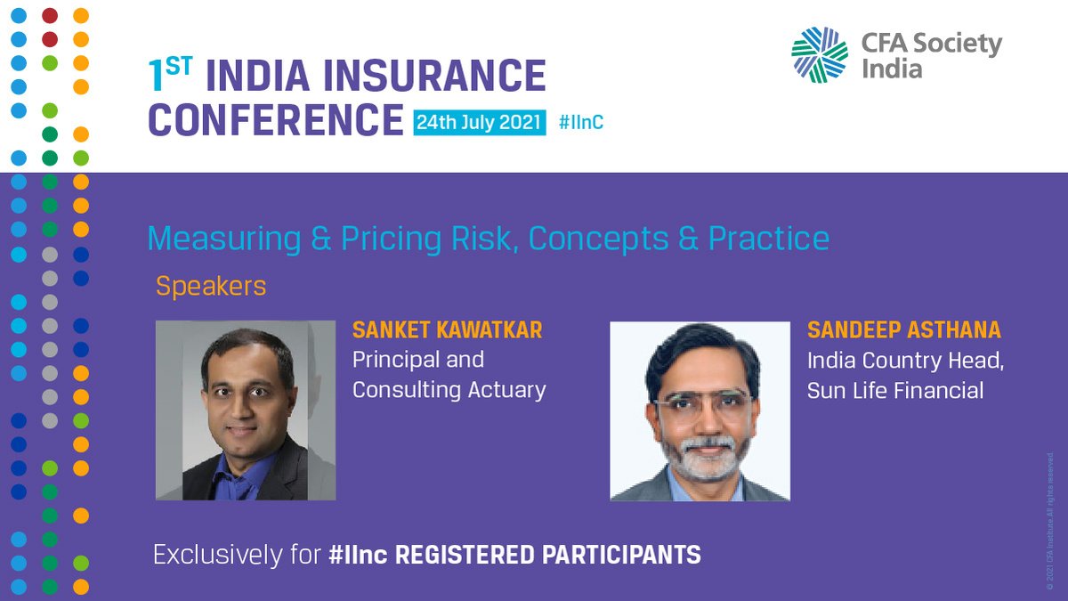 CFASocietyIndia's tweet photo. Understand & learn about the insurance industry landscape with the help of a case study in this workshop "Measuring & Pricing Risk, Concepts & Practice" from Sanket Kawatkar & Sandeep Asthana
Exclusive access for #IInc registered participants only.
https://t.co/5ZQNyOZrJ8 https://t.co/tbbsNAeGww