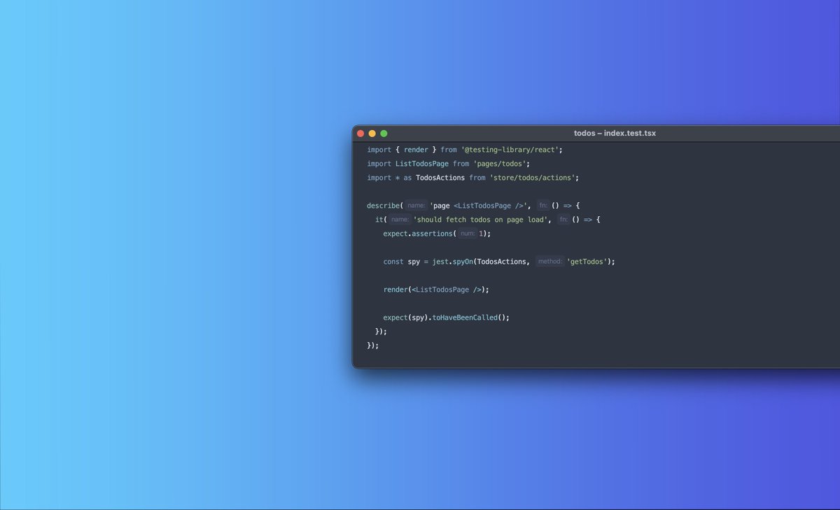 tmichaelsousa's tweet image. Let&apos;s kick off with the wednesday snippets, shall we?
jest.spy is really powerful! In this code snippet we are testing if an action is called when the component is rendered in a really clean way, wdyt ? 🤔👀