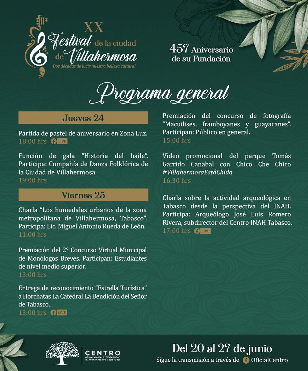 Celebra el #XXFestivalDeLaCiudadDeVillahermosa con una gama de eventos, artísticos, culturales, de concursos, charlas, exposición plástica, reconocimientos y de promoción turística a personajes y comercios.

🔶️Checa la programación y conéctate en: facebook.com/OficialCentro/