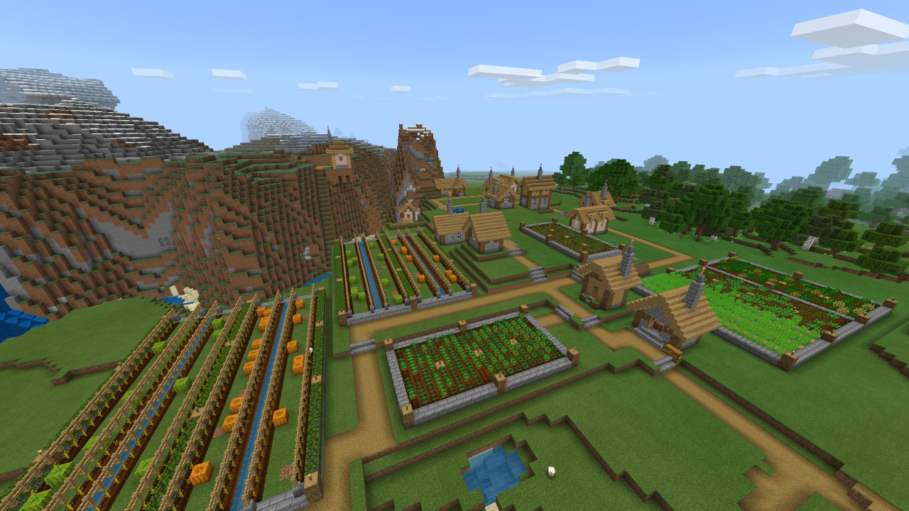 鹿日まどか 以前紹介した避雷針村の全景です デフォルト村を整地して畑を拡張し 各家に避雷針をつけました 畑の木のフェンスは廃坑の廃材ですが 俯瞰して見ると労力の割には立派な村感が出ている気がします Minecraft マイクラ マインクラフト