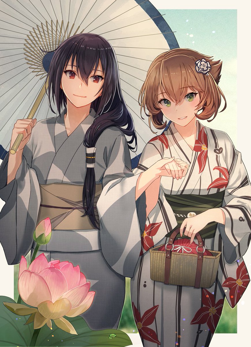 mutsu (kancolle) ,nagato (kancolle) multiple girls 2girls umbrella japanese clothes kimono long hair oil-paper umbrella  illustration images