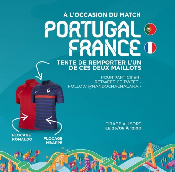 Dans le cadre du match de ce soir, je vous fais gagner deux maillots: celui du Portugal floqué Ronaldo et celui de l'EDF floqué Mbappé. Il y aura donc deux gagnants.

Pour tenter ta chance:

▶️ RT + Follow @NandoChachalana 

🍀 T.A.S le 25/06 à 12:00

#PORFRA