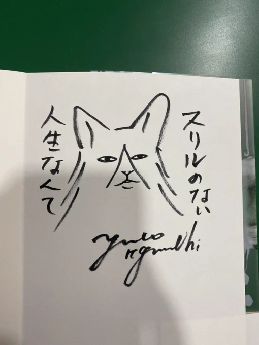 シンジケートのサイン。

実はたくさん書いたなかにこの猫のシリーズがかなりあり、
しかもお話になっている。
穂村さんと、このガールの恋の行方…という設定です。
途中、名久井さんが選んで一部スキャンしたり写真撮ってましたが最後はもう疲れてほぼ無言だったので撮る係も一人用意したらよかった 